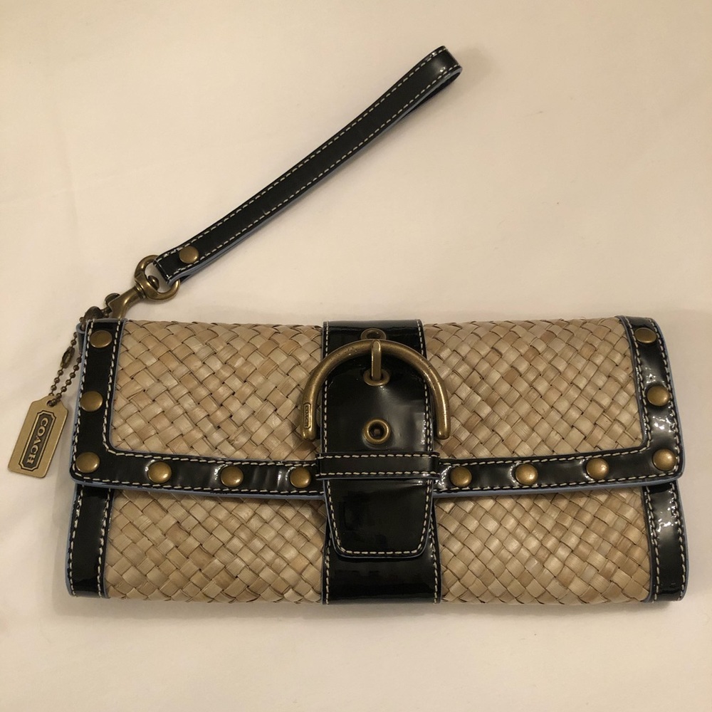 Coach Woven Wristlet With Leather Trim